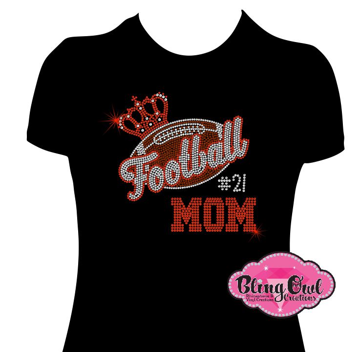 football_mom with crown personalized with number rhinestones sparkle bing
