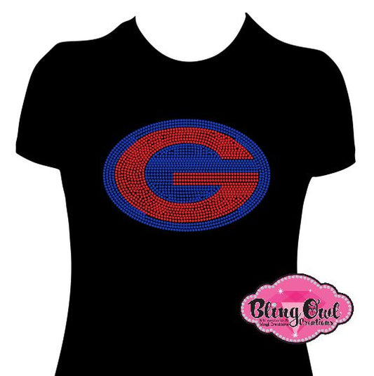 g_logo design shirt grassfield_schol_spirit_wear rhinestones sparkle bling