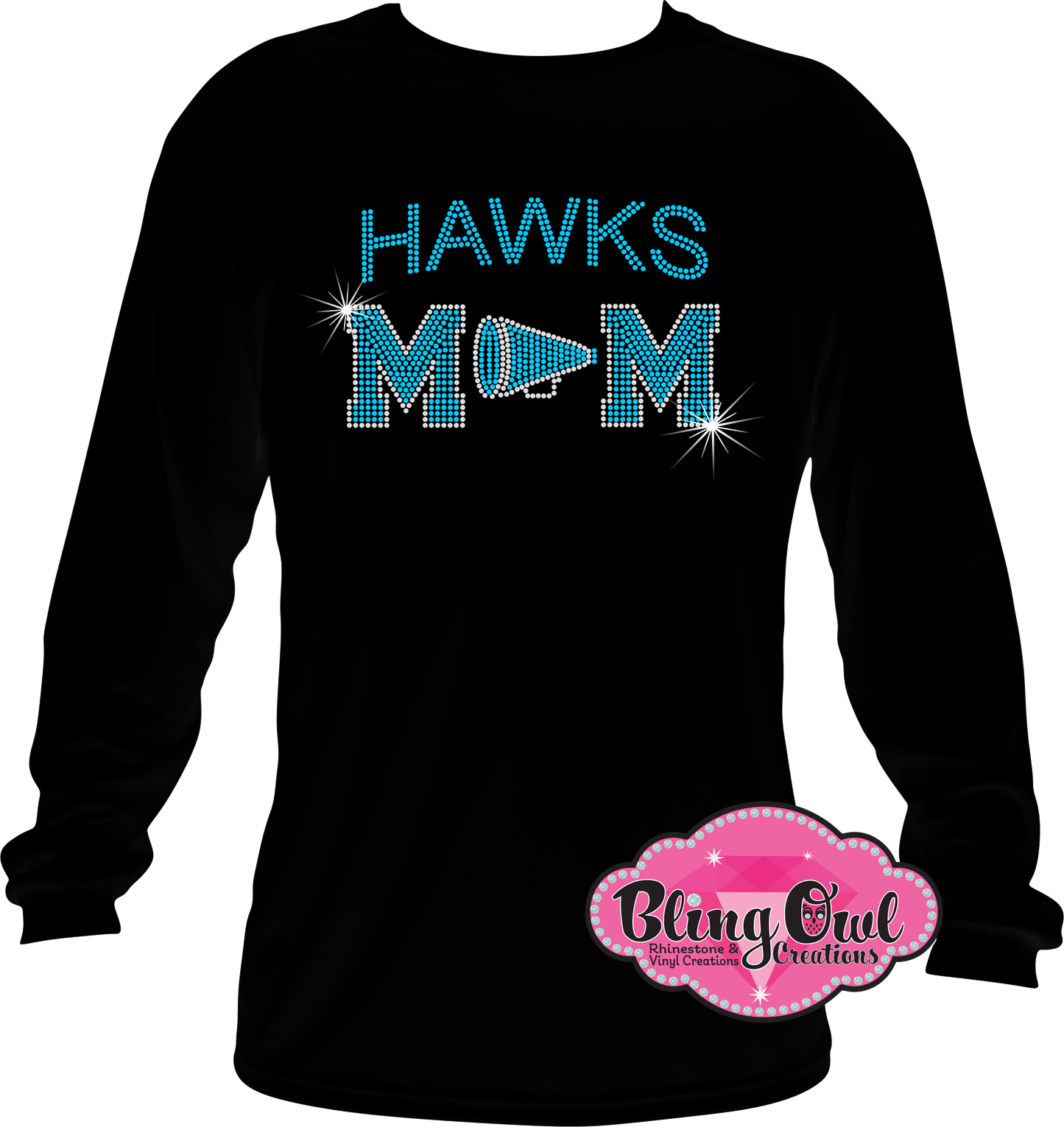 hickory hawks cheer_mom_megaphone school_spirit_wear longsleeves rhinestones sparkle bling
