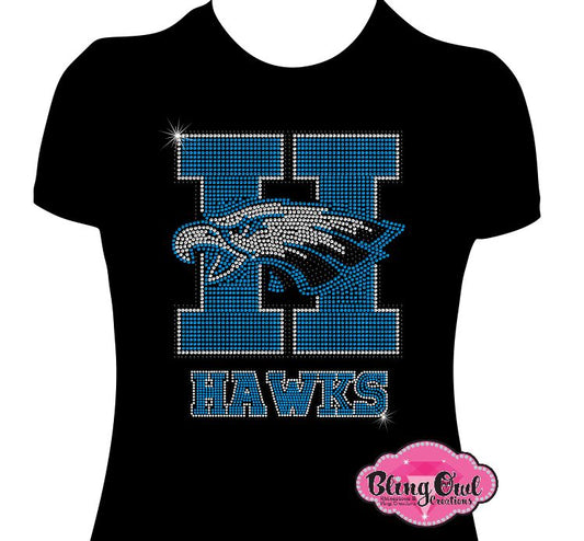 school_spirit_wear hickory_hawks design shirt rhinestones sparkle bling