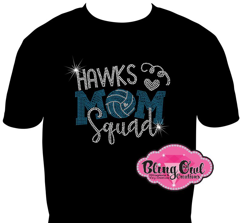 hawks_mom_squad_volleyball design shirt glam_vibes_outfit rhinestones sparkle bling