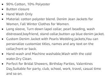 Denim Jacket with Pearls for Brides (Rhinestone Design)