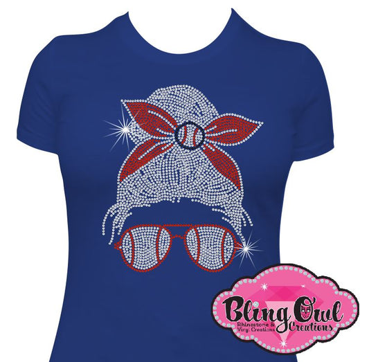 baseball_mom_lady_messy_bun rhinestones sparkle bling transfer