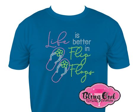 life_is_better_flip_flops design summer shirt trendy_vacation_tees dazzling_adventure glam_shirt ladies_bling_shirt besties_bling_tshirt squad_travel_goals life_and_flipflops cool_and_cute_shirt rhinestones sparkle bling