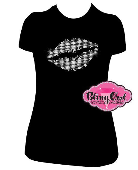 fitted black shirt with lips design rhinestones sparkle bling