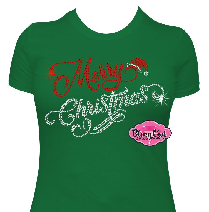 merry_christmas cursive design shirt 1 holiday_tshirt rhinestones sparkle bling