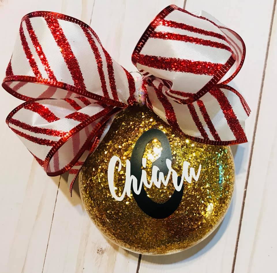 ornament with bow and letter_name sparkle and bling