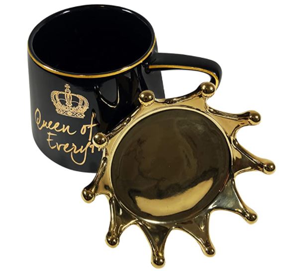 premium_ceramic crown coffee mug in black queen of everything with teaspoon