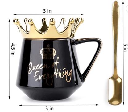 premium_ceramic crown coffee mug in black queen of everything with teaspoon