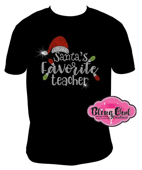 santas_favorite_teacher design  christmas holiday rhinestones sparkle bling transfer