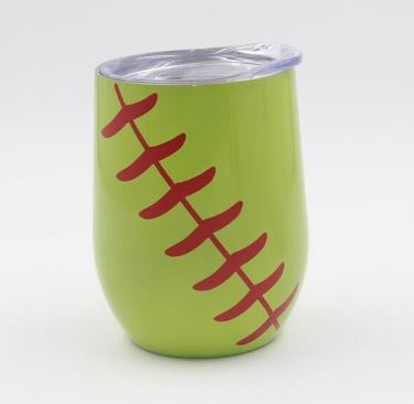 Stainless Steel Softball Wine Mug in Yellow with Red Stripes, ideal for keeping your beverages hot or cold for hours. Perfect for softball enthusiasts who appreciate a simple yet stylish design.