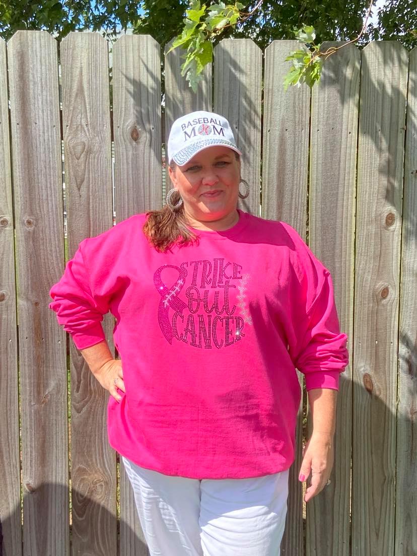 strike_out_cancer long sleeve tee shirt rhinestones sparkle bling