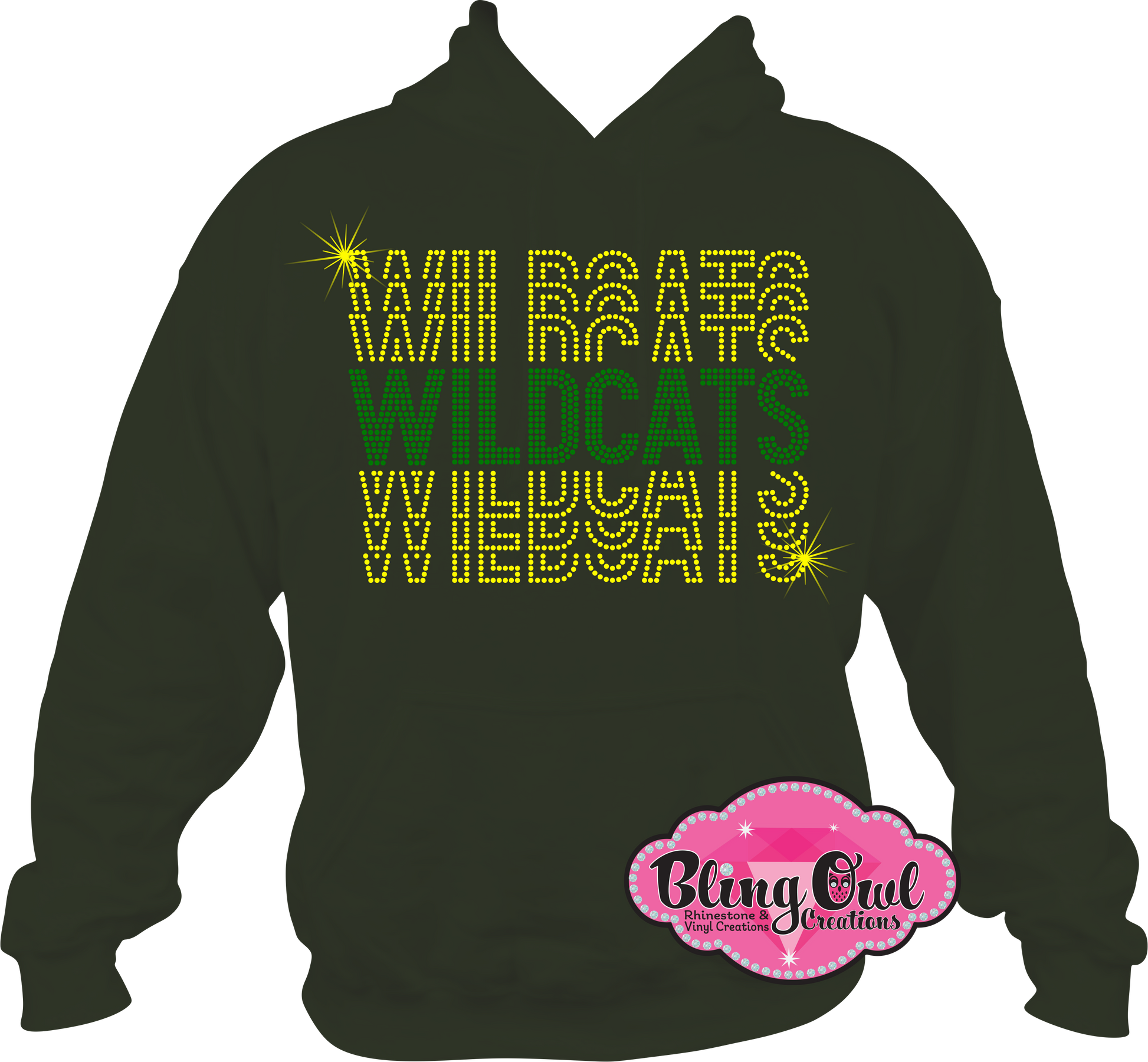 wildcats school_spirit_wear mascot forest_green sweatshirt rhinestone sparkle bling