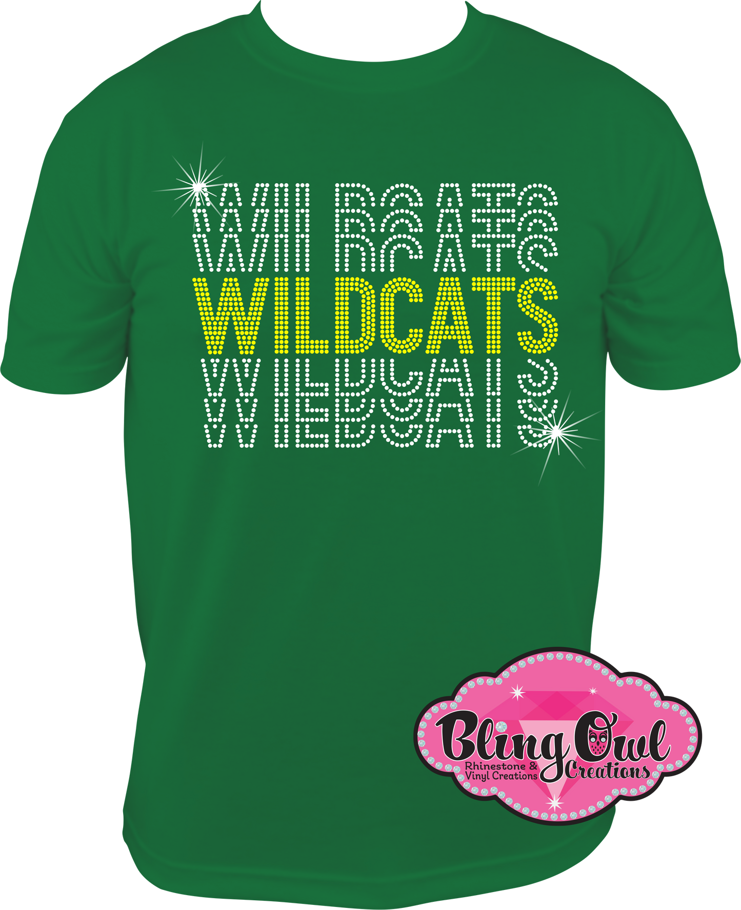 wildcats school_spirit_wear mascot kelly_green shirt rhinestone sparkle bling